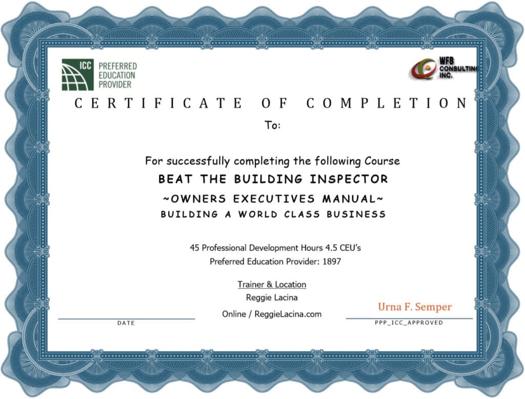 Certificate of completion for a building inspector course with high score.
