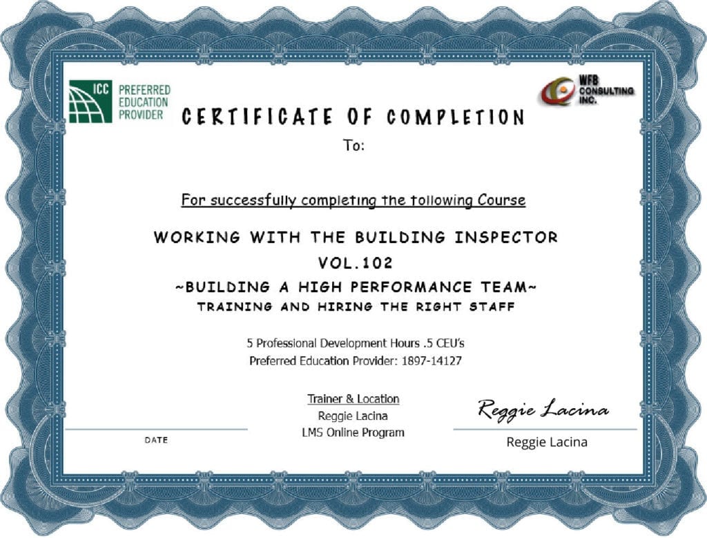 Certificate of completion for training in building inspection.