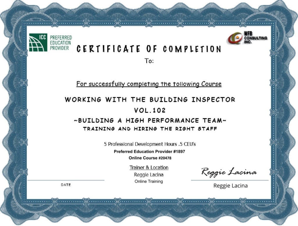 Certificate of completion for a building inspector course.