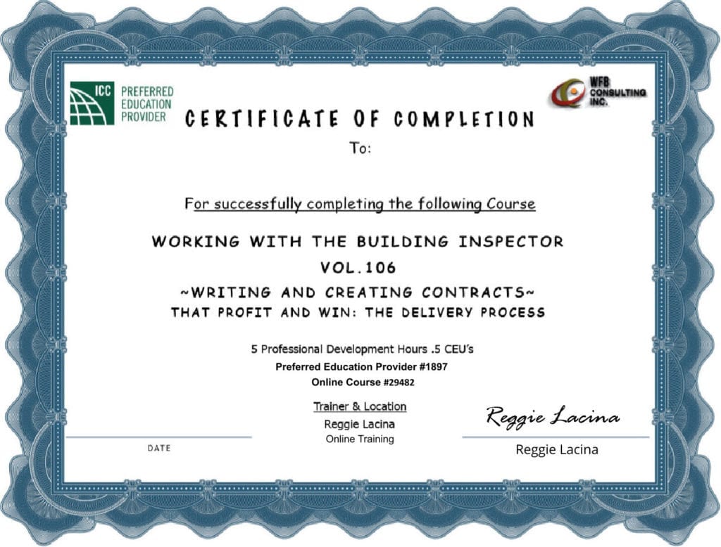 Certificate of completion from an inspection workshop at the Building Centre.