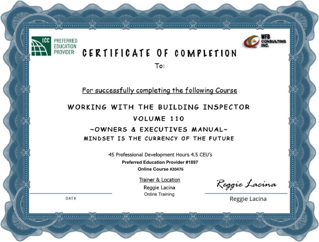 Certificate of completion for workshop on building inspections.