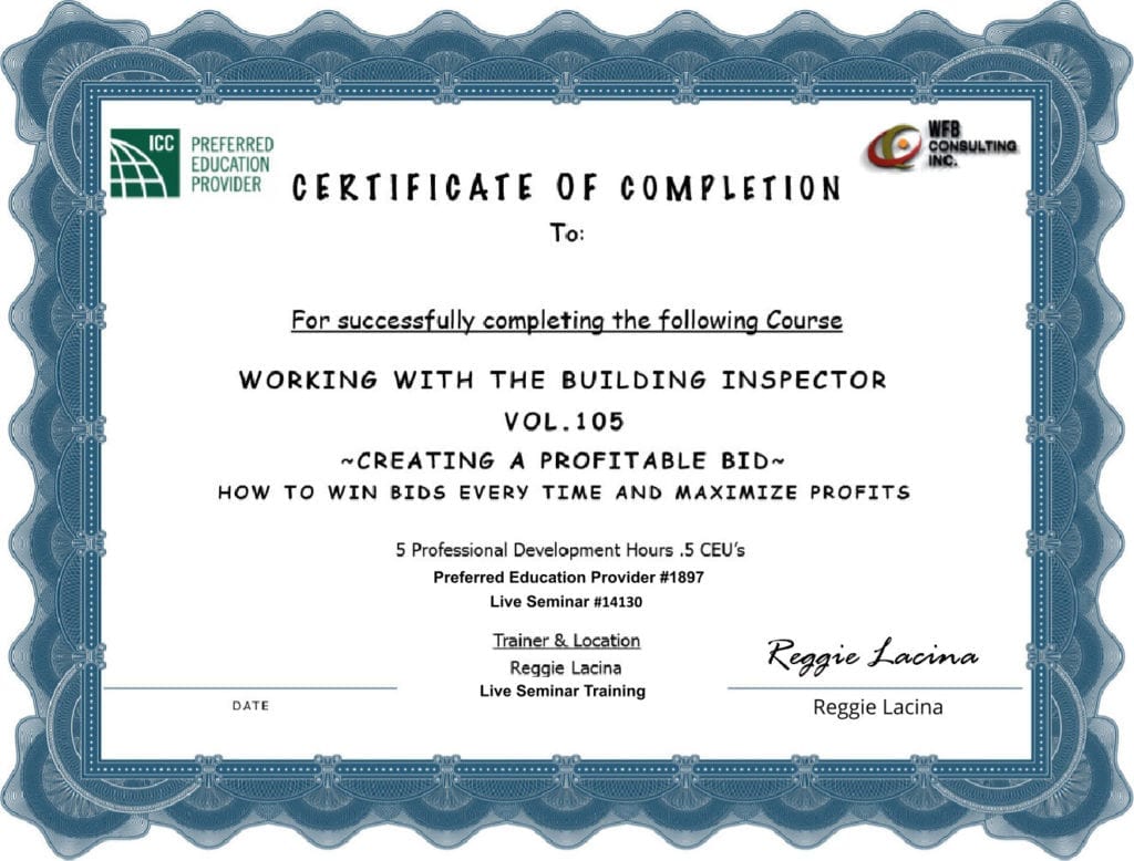 Certificate of completion for a training course on creating a report for mold inspections.
